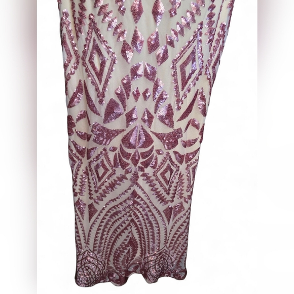 Allie Blu Pink/Cream Sequin Halter Backless Lace-up  Bodycon Formal Prom Dress - Picture 4 of 13